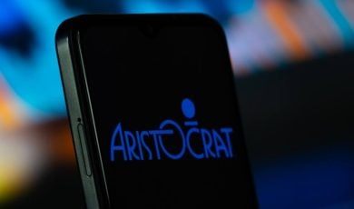 Aristocrat logo is seen on a smartphone