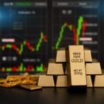 Digital gold price stock market trading charts with stacked fine gold bars