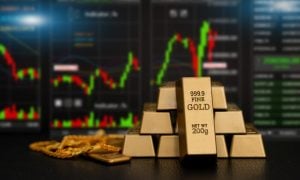 Digital gold price stock market trading charts with stacked fine gold bars