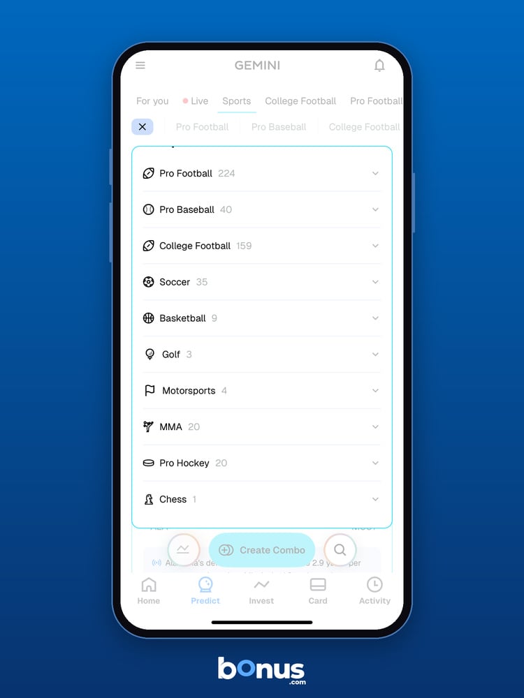 Gemini Predict Sports categories