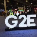 Global Gaming Expo (G2E) casino gaming conference logo sign at trade show