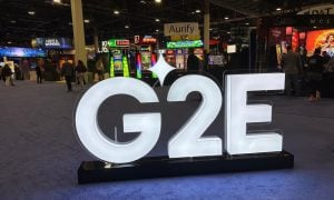 Global Gaming Expo (G2E) casino gaming conference logo sign at trade show