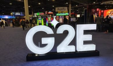 Global Gaming Expo (G2E) casino gaming conference logo sign at trade show