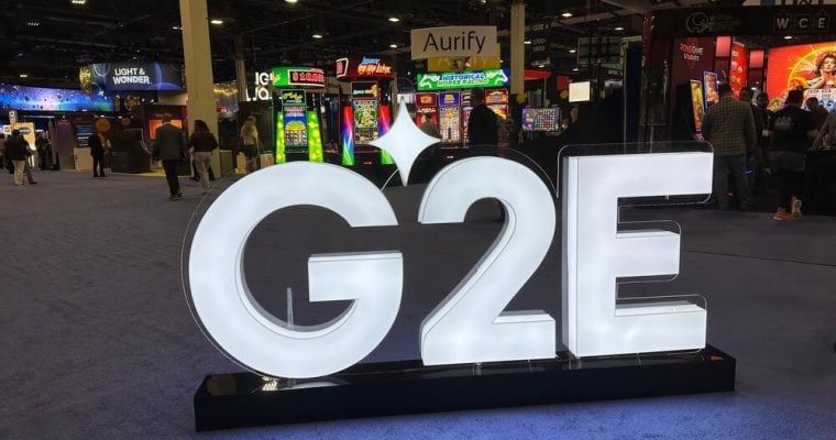 Global Gaming Expo (G2E) casino gaming conference logo sign at trade show
