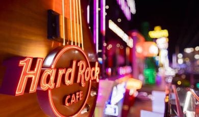 Hard Rock Cafe sign at night