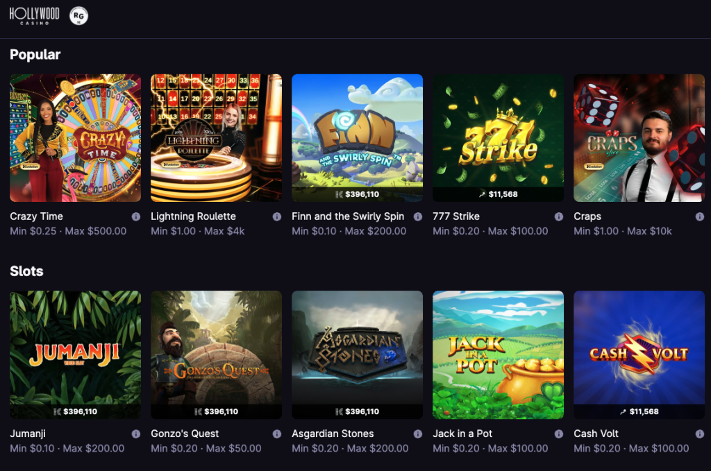 screenshot of Hollywood Casino's popular games and slots including Jumanji, Gonzo's Quest, Asgardian Stones, Jack in a pot, Cash Volt, and Turn Your Fortune