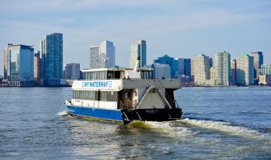 NY waterway, a commuting ferry, crossing Hudson River to head to jersey city
