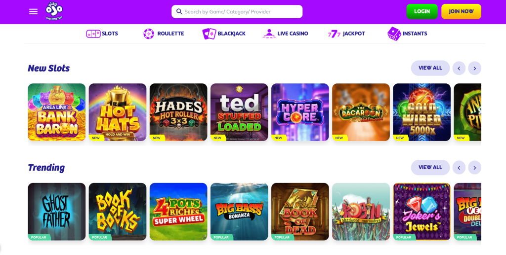 OJO Casino lobby featuring new and trending slot games, including Area Link Bank Baron, Hot Hats, Ghost Father, Book of Books, Big Bass Bonanza, and Rich Wilde and the Book of Dead