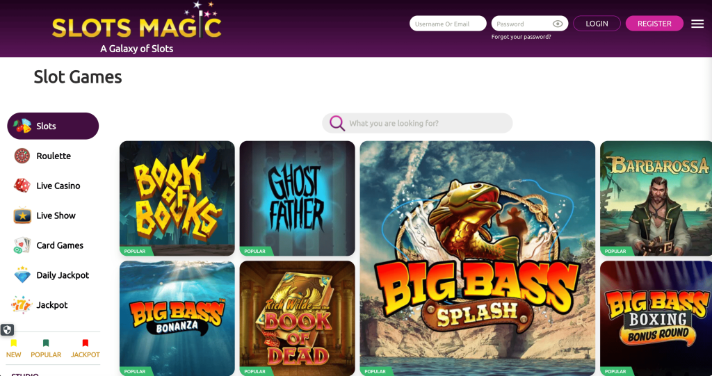 Slots Magic online casino lobby displaying slot game categories and featured titles including Big Bass Splash, Big Bass Bonanza, Ghost Father, and Book of Books.