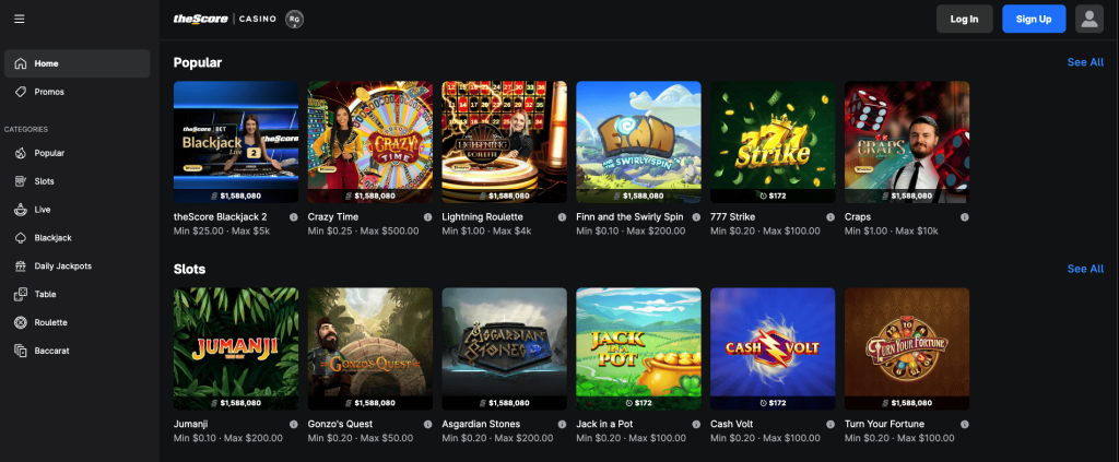 theScore Casino Canada lobby featuring live dealer games like Blackjack, Crazy Time, and Lightning Roulette alongside popular online slots including Jumanji, Gonzo's Quest, and Cash Volt.