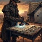 A man in a trench coat and hat stands in a desert landscape at sunset, stamping a document on a table next to coins.