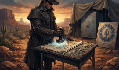A man in a trench coat and hat stands in a desert landscape at sunset, stamping a document on a table next to coins.