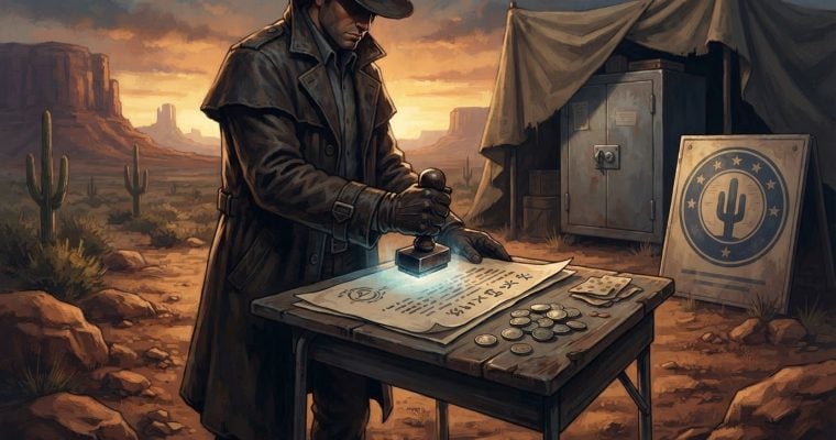 A man in a trench coat and hat stands in a desert landscape at sunset, stamping a document on a table next to coins.