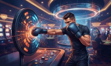 A boxer in dark athletic gear punches a glowing, high-tech circular target inside a dimly lit casino floor with slot machines and gaming tables.