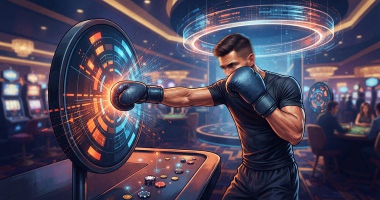 A boxer in dark athletic gear punches a glowing, high-tech circular target inside a dimly lit casino floor with slot machines and gaming tables.