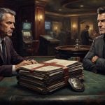 Two men in suits sit across from each other at a casino gaming table with a large stack of documents and a police badge between them.