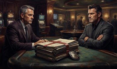 Two men in suits sit across from each other at a casino gaming table with a large stack of documents and a police badge between them.
