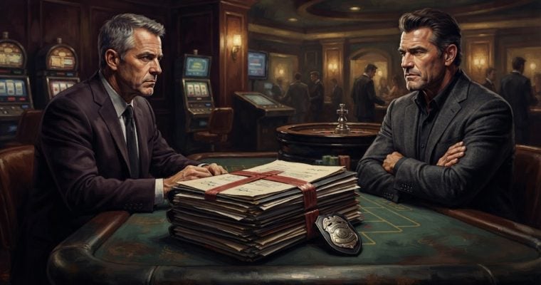 Two men in suits sit across from each other at a casino gaming table with a large stack of documents and a police badge between them.