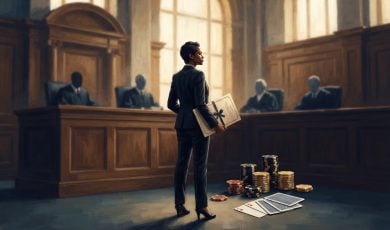 A woman in a suit stands in a courtroom holding a document while stacks of casino chips and playing cards lie on the floor.