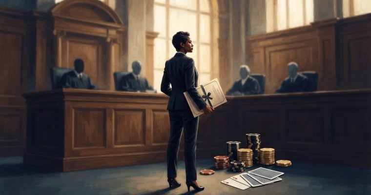 A woman in a suit stands in a courtroom holding a document while stacks of casino chips and playing cards lie on the floor.