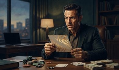 A man in a suit looks concerned while holding a gold-patterned invitation at a desk cluttered with stacks of casino chips and playing cards.
