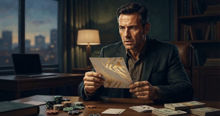 A man in a suit looks concerned while holding a gold-patterned invitation at a desk cluttered with stacks of casino chips and playing cards.
