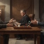 Two men in suits sit at a wooden table in a courtroom-like setting while a judge sits between them, with casino chips and playing cards between them.