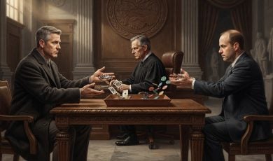 Two men in suits sit at a wooden table in a courtroom-like setting while a judge sits between them, with casino chips and playing cards between them.