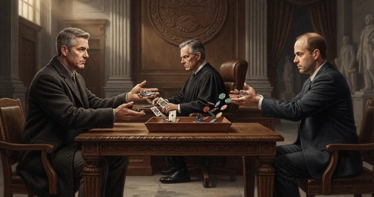 Two men in suits sit at a wooden table in a courtroom-like setting while a judge sits between them, with casino chips and playing cards between them.