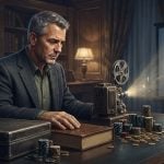 A man in a suit operates a vintage film projector in a study while another man stands in the background near a desk with gambling chips.