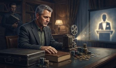 A man in a suit operates a vintage film projector in a study while another man stands in the background near a desk with gambling chips.