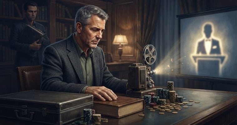 A man in a suit operates a vintage film projector in a study while another man stands in the background near a desk with gambling chips.