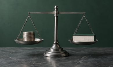 A metal balance scale sits on a dark stone surface, with a stack of silver coins on one side and a green book on the other.