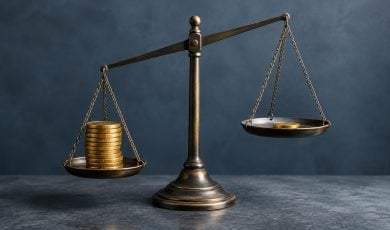 A brass scale sits on a dark surface, with a large stack of gold coins on one side and a single coin on the other.