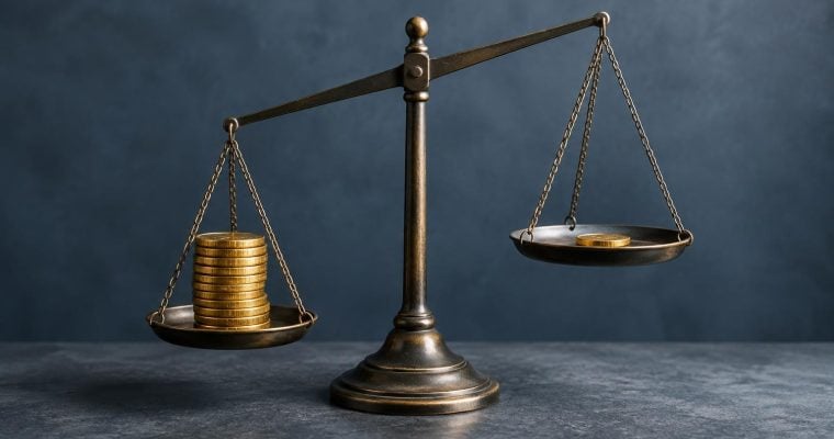 A brass scale sits on a dark surface, with a large stack of gold coins on one side and a single coin on the other.