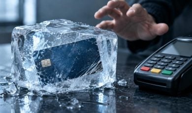 A person reaches toward a payment terminal next to a debit card encased in a block of ice.