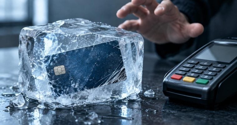 A person reaches toward a payment terminal next to a debit card encased in a block of ice.