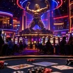 A stylized casino floor featuring a large muscular statue in the center, surrounded by rows of slot machines and people playing at tables.