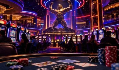 A stylized casino floor featuring a large muscular statue in the center, surrounded by rows of slot machines and people playing at tables.
