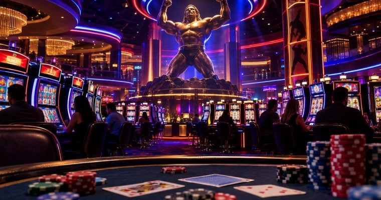 A stylized casino floor featuring a large muscular statue in the center, surrounded by rows of slot machines and people playing at tables.