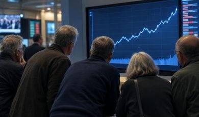 A group of people observe a large screen displaying a rising stock chart and financial data bars.