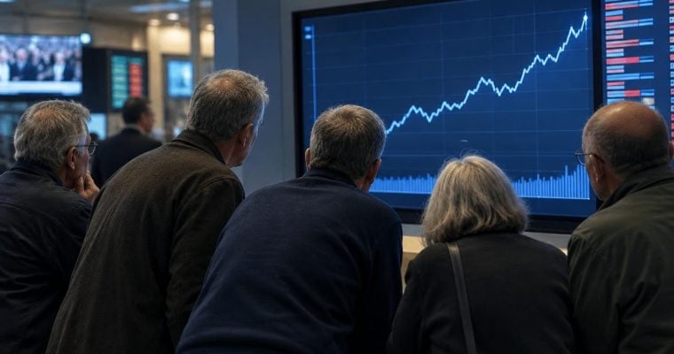 A group of people observe a large screen displaying a rising stock chart and financial data bars.
