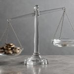 A clear glass scale sits on a gray surface with a heavy pile of gold coins on one side and a single coin on the other.