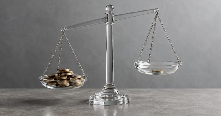 A clear glass scale sits on a gray surface with a heavy pile of gold coins on one side and a single coin on the other.