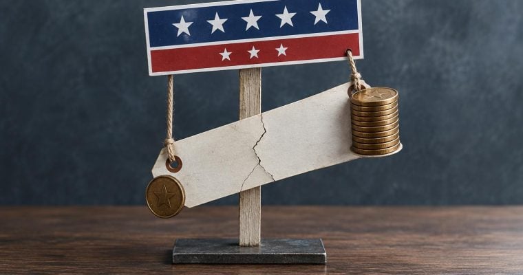 A conceptual image shows a cracked blank wooden sign hanging like a scale from a red, white, and blue patriotic banner, balanced by a stack of coins.