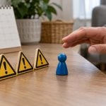 A person's hand reaches toward a blue game piece standing near three yellow warning triangles on a wooden surface.