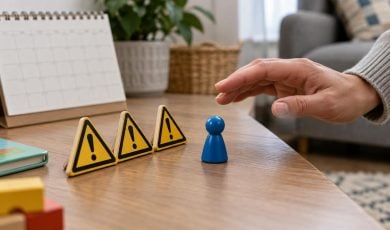 A person's hand reaches toward a blue game piece standing near three yellow warning triangles on a wooden surface.