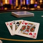 A close-up view of a green casino table featuring stacks of chips and playing cards, including a hand showing a jack, queen, and king.
