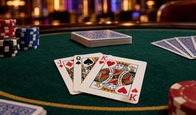 A close-up view of a green casino table featuring stacks of chips and playing cards, including a hand showing a jack, queen, and king.