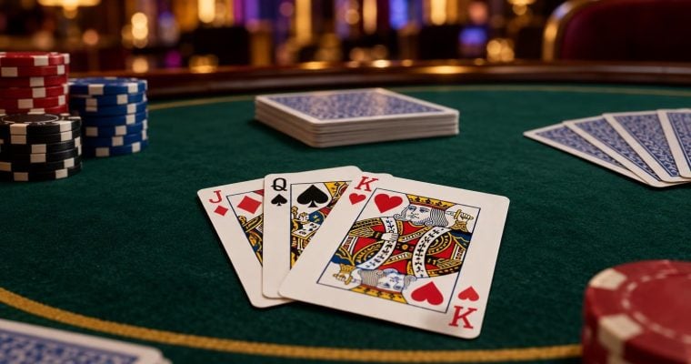 A close-up view of a green casino table featuring stacks of chips and playing cards, including a hand showing a jack, queen, and king.